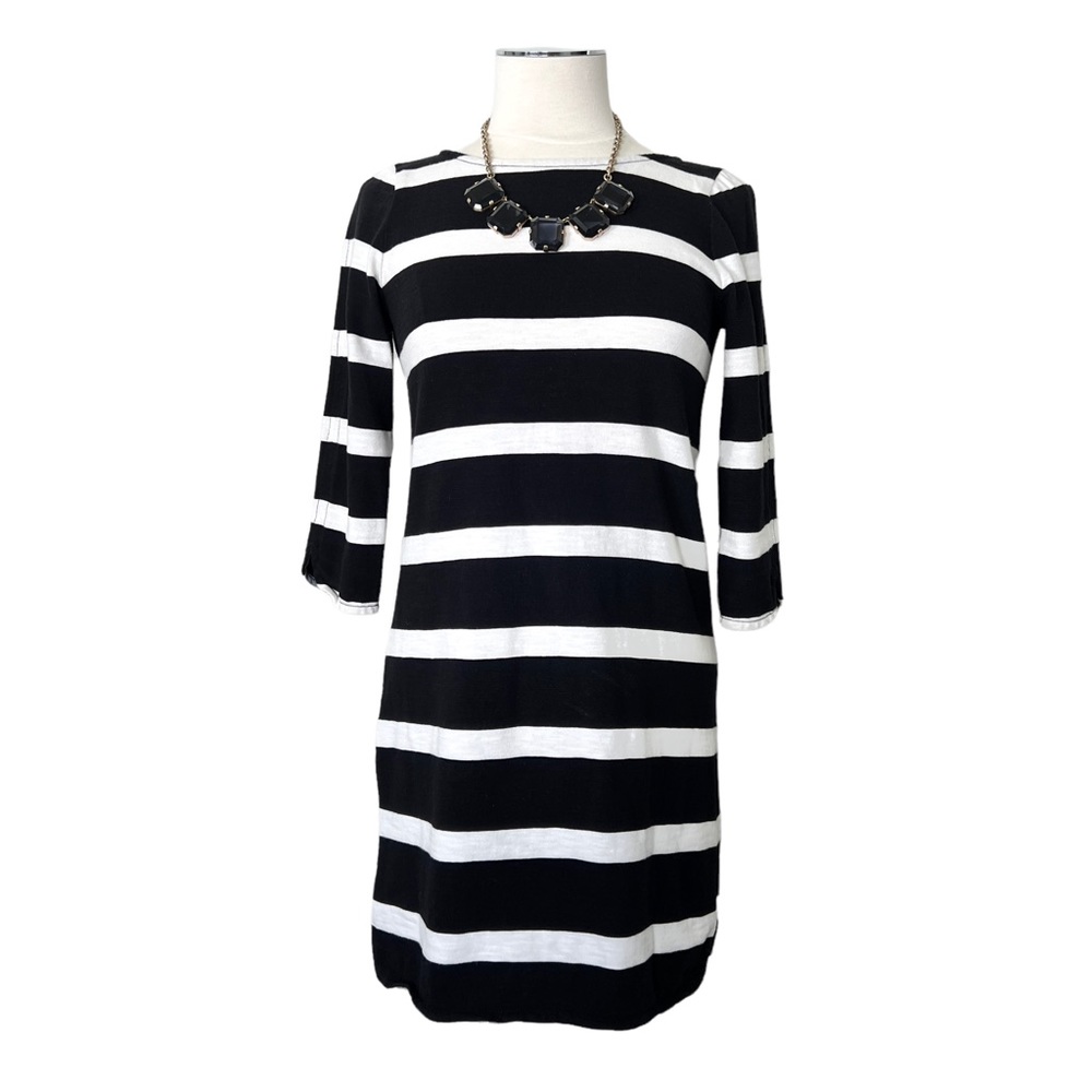 J. CREW Striped Cotton Knit Scoop Neckline Dress 3/4 Sleeve Black White Sz XS